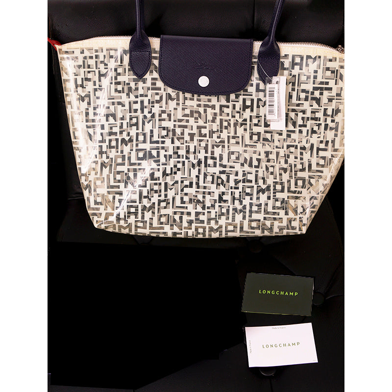 NEW RETIRED LONGCHAMP Le Pliage White LGP LOGO Clear PVC & Leather TOTE BAG NWT