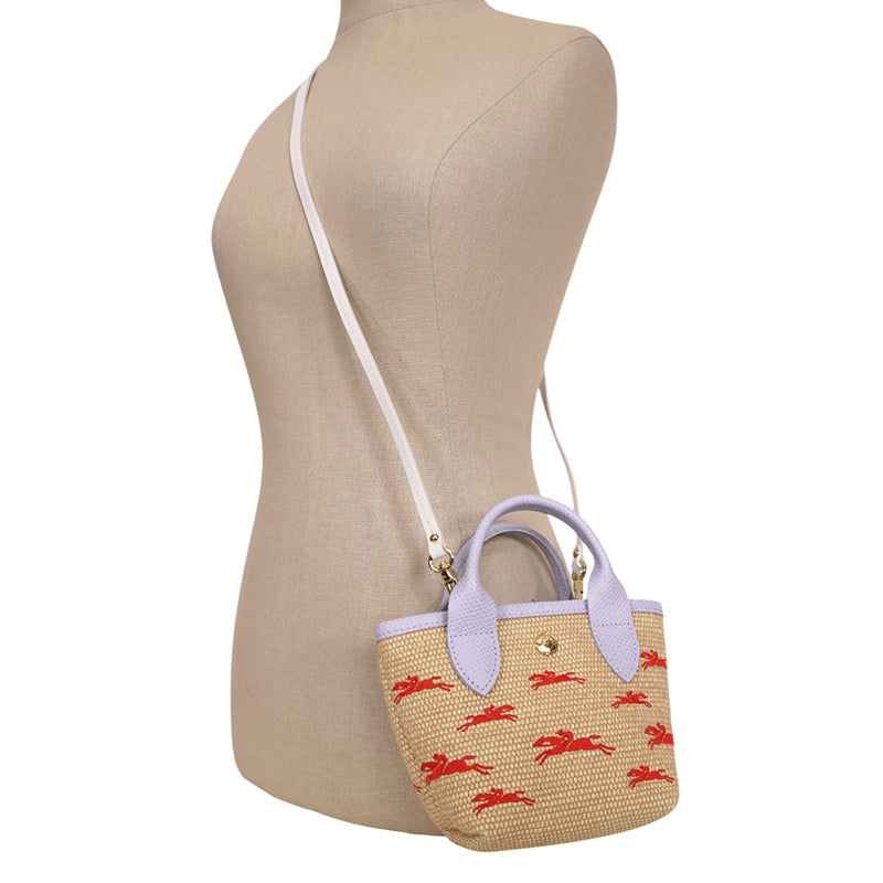 NEW LONGCHAMP Lilac Leather WOVEN CANVAS Le Panier Pliage HORSE MINI BAG Retired