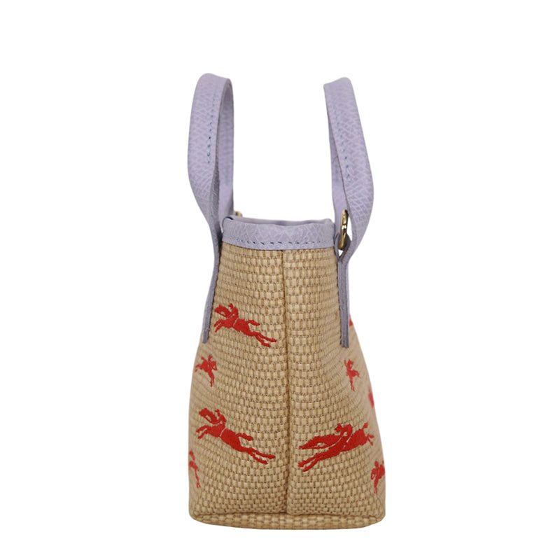 NEW LONGCHAMP Lilac Leather WOVEN CANVAS Le Panier Pliage HORSE MINI BAG Retired