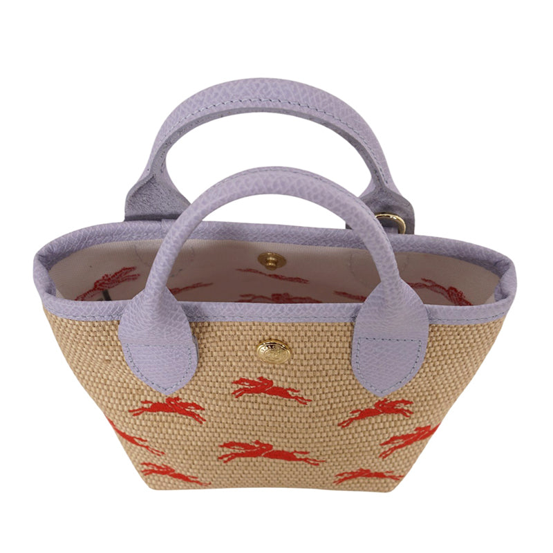NEW LONGCHAMP Lilac Leather WOVEN CANVAS Le Panier Pliage HORSE MINI BAG Retired