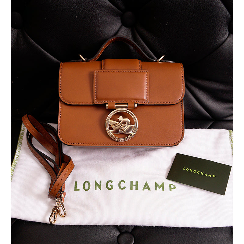 NEW $590 LONGCHAMP Cognac Leather Box-Trot XS HORSE LOGO Crossbody Strap BAG