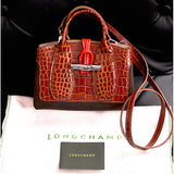 NEW $725 LONGCHAMP RUNWAY Croc Embossed Leather Cognac ROSEAU Small BAG & STRAP