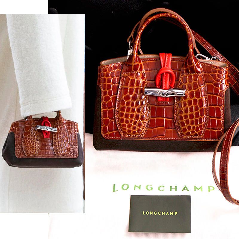 NEW $725 LONGCHAMP RUNWAY Croc Embossed Leather Cognac ROSEAU Small BAG & STRAP