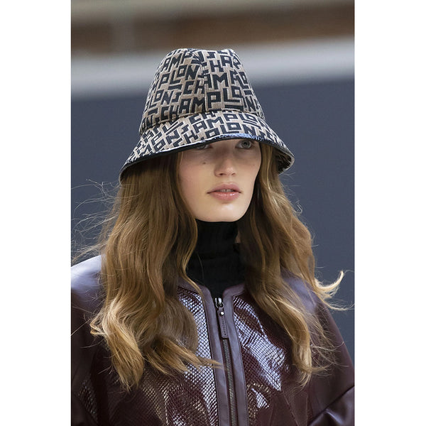 NEW $290 LONGCHAMP RUNWAY Tan & Black LGP Monogram Jacquard Canvas FEDORA HAT
