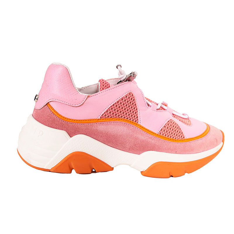 37 US6 NEW $460 LONGCHAMP Pink Orange Leather FREEMINDER Lace Up CHUNKY SNEAKERS