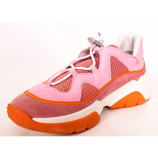 37 US6 NEW $460 LONGCHAMP Pink Orange Leather FREEMINDER Lace Up CHUNKY SNEAKERS