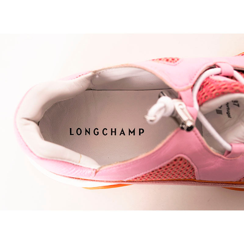 37 US6 NEW $460 LONGCHAMP Pink Orange Leather FREEMINDER Lace Up CHUNKY SNEAKERS