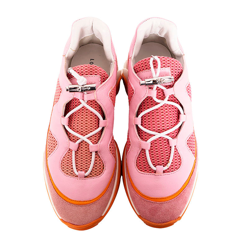 37 US6 NEW $460 LONGCHAMP Pink Orange Leather FREEMINDER Lace Up CHUNKY SNEAKERS