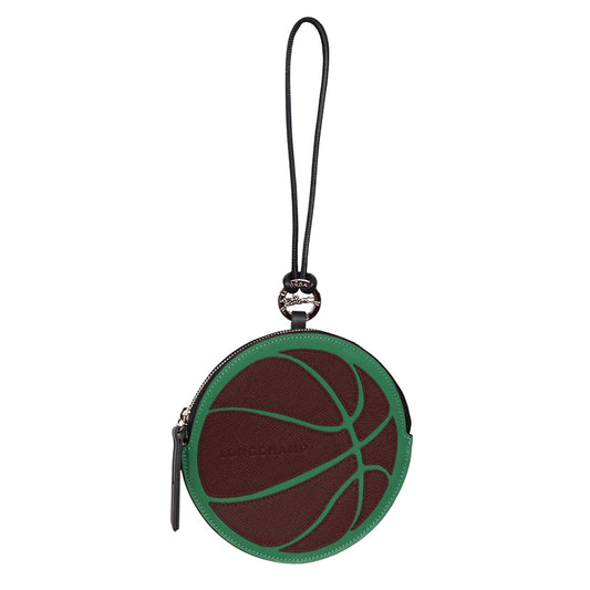 NEW $250 LONGCHAMP Green Brown Leather BASKETBALL Long-Dribble Pouch/Keyring BAG
