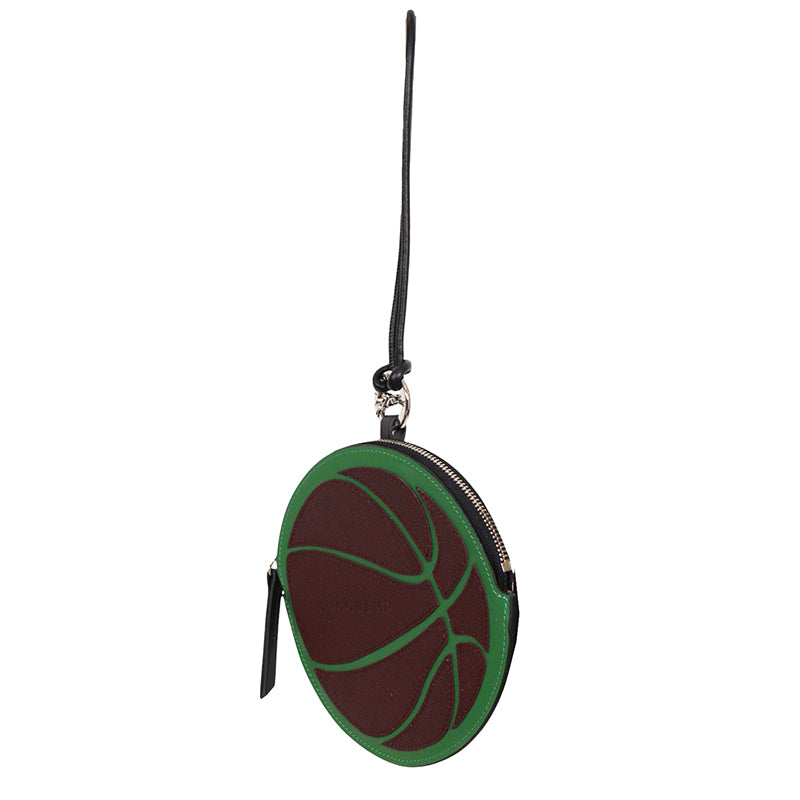 NEW $250 LONGCHAMP Green Brown Leather BASKETBALL Long-Dribble Pouch/Keyring BAG