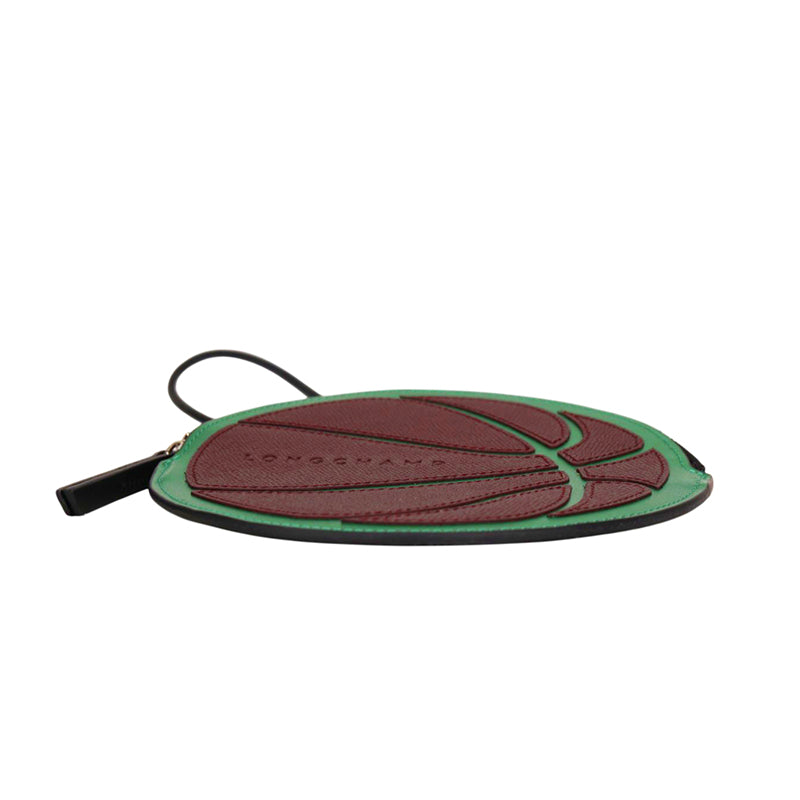 NEW $250 LONGCHAMP Green Brown Leather BASKETBALL Long-Dribble Pouch/Keyring BAG