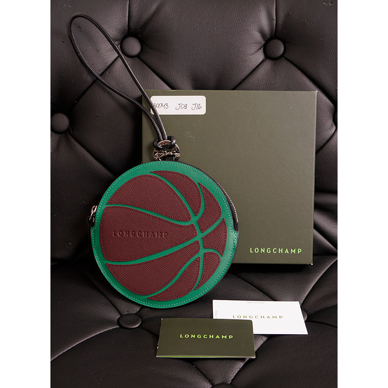 NEW $250 LONGCHAMP Green Brown Leather BASKETBALL Long-Dribble Pouch/Keyring BAG