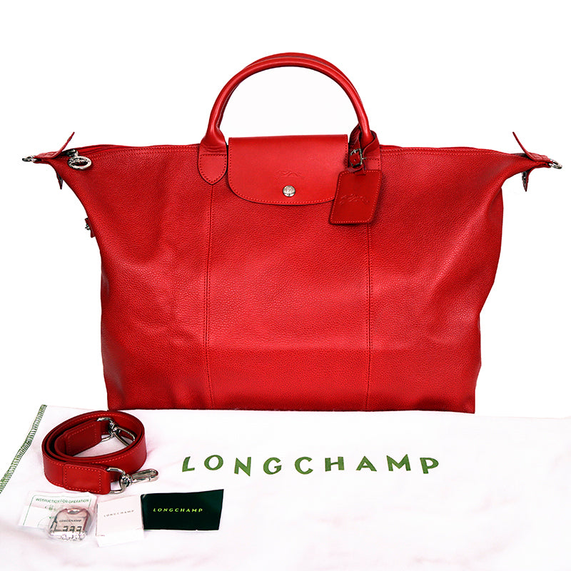 NEW $935 LONGCHAMP Red Leather Le Pliage XTRA LARGE TRAVEL BAG w/ LOCK & STRAP