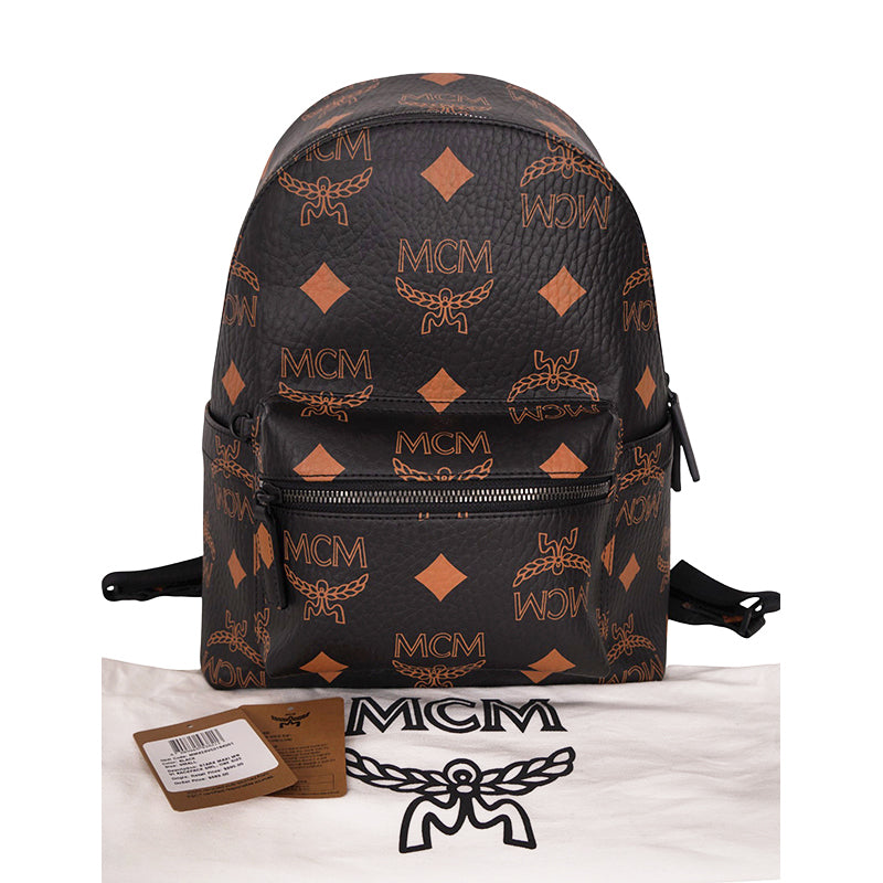 NEW $990 MCM Black Visetos Orange/Tan STARK MAXI LOGO Monogrammed BACKPACK NWT