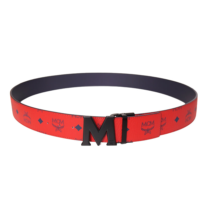 O/S NEW $350 MCM Men's Red w/ Navy MONOGRAM Coated Canvas Claus Reversible BELT