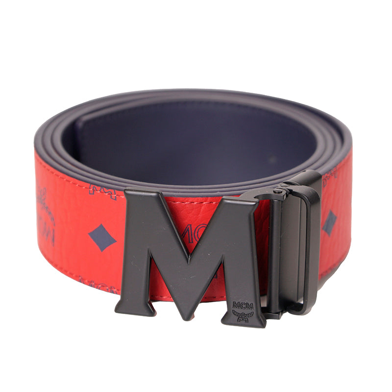 O/S NEW $350 MCM Men's Red w/ Navy MONOGRAM Coated Canvas Claus Reversible BELT