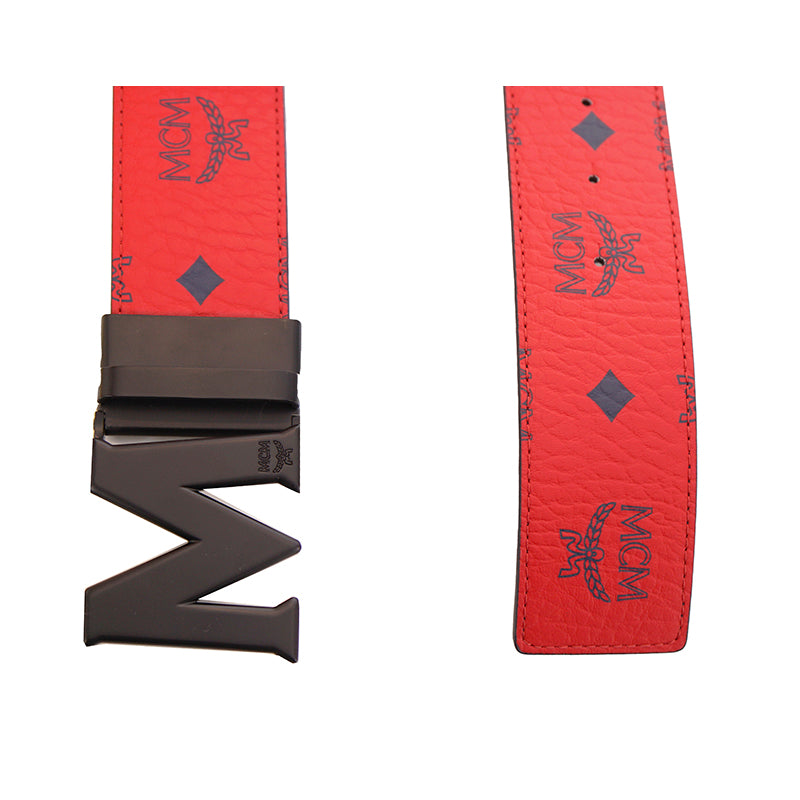 O/S NEW $350 MCM Men's Red w/ Navy MONOGRAM Coated Canvas Claus Reversible BELT