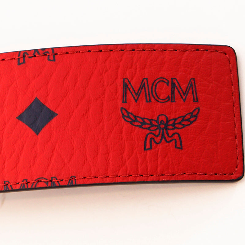 O/S NEW $350 MCM Men's Red w/ Navy MONOGRAM Coated Canvas Claus Reversible BELT