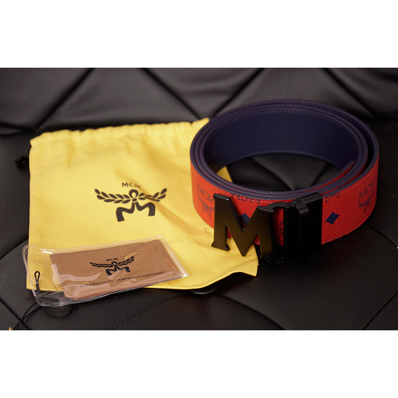 O/S NEW $350 MCM Men's Red w/ Navy MONOGRAM Coated Canvas Claus Reversible BELT