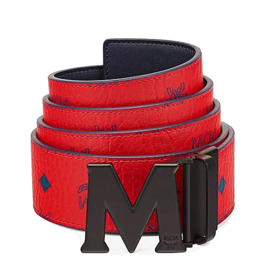 O/S NEW $350 MCM Men's Red w/ Navy MONOGRAM Coated Canvas Claus Reversible BELT
