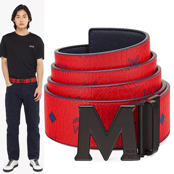 O/S NEW $350 MCM Men's Red w/ Navy MONOGRAM Coated Canvas Claus Reversible BELT