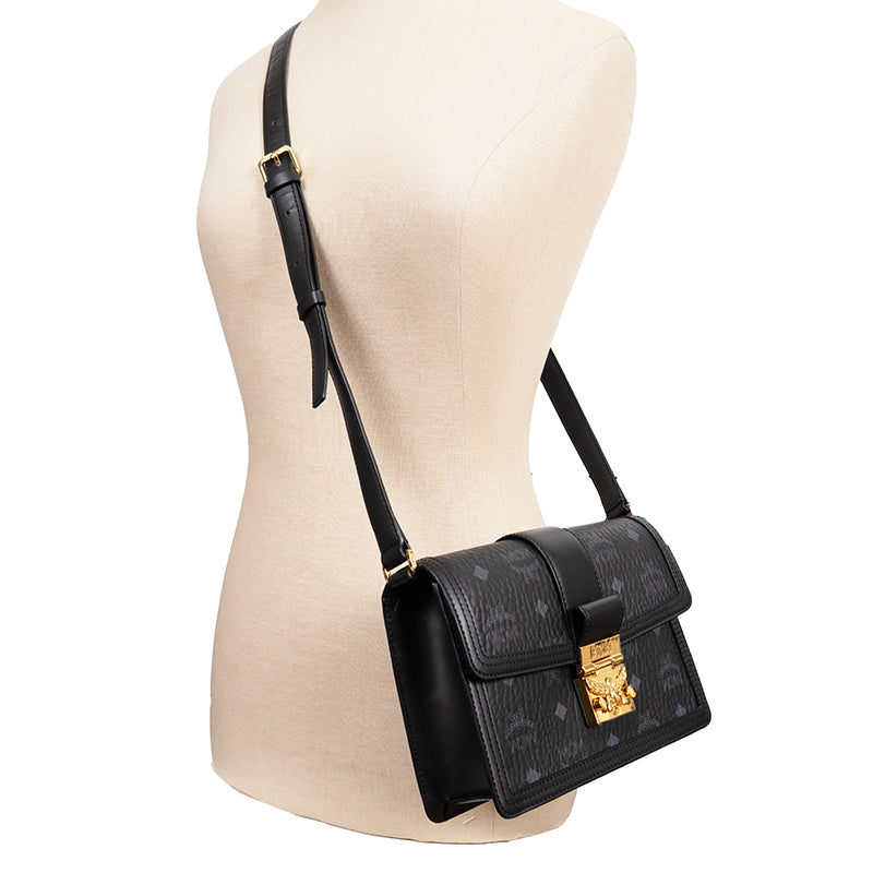 NEW $980 MCM Tracy Black Leather & Visetos Gray LOGO CROSSBODY Laurel Lock BAG