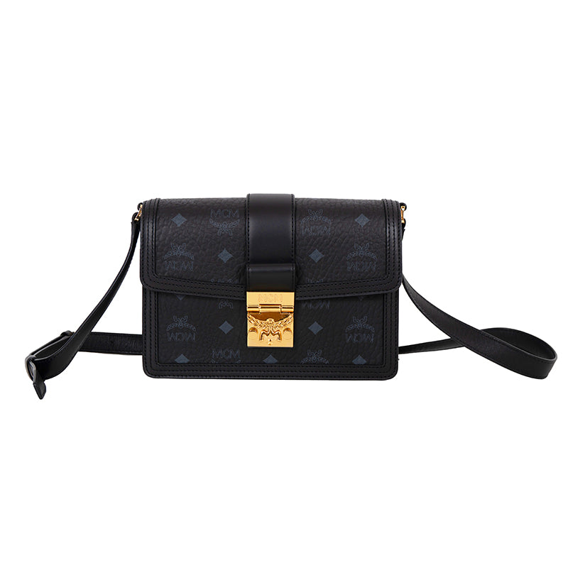 NEW $980 MCM Tracy Black Leather & Visetos Gray LOGO CROSSBODY Laurel Lock BAG