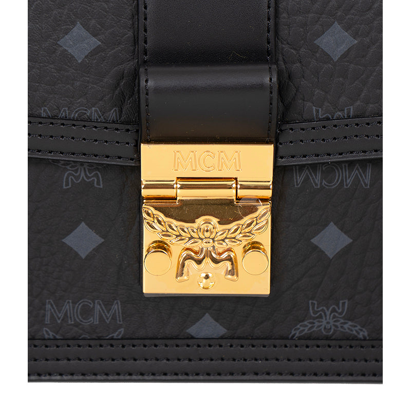 NEW $980 MCM Tracy Black Leather & Visetos Gray LOGO CROSSBODY Laurel Lock BAG