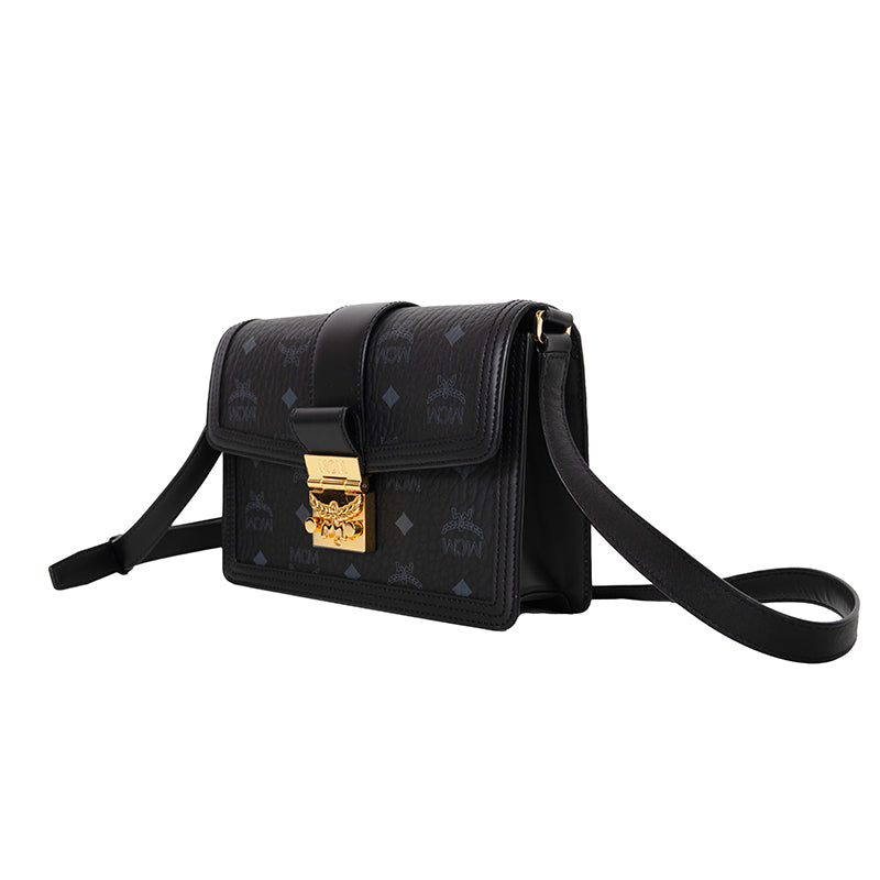 NEW $980 MCM Tracy Black Leather & Visetos Gray LOGO CROSSBODY Laurel Lock BAG