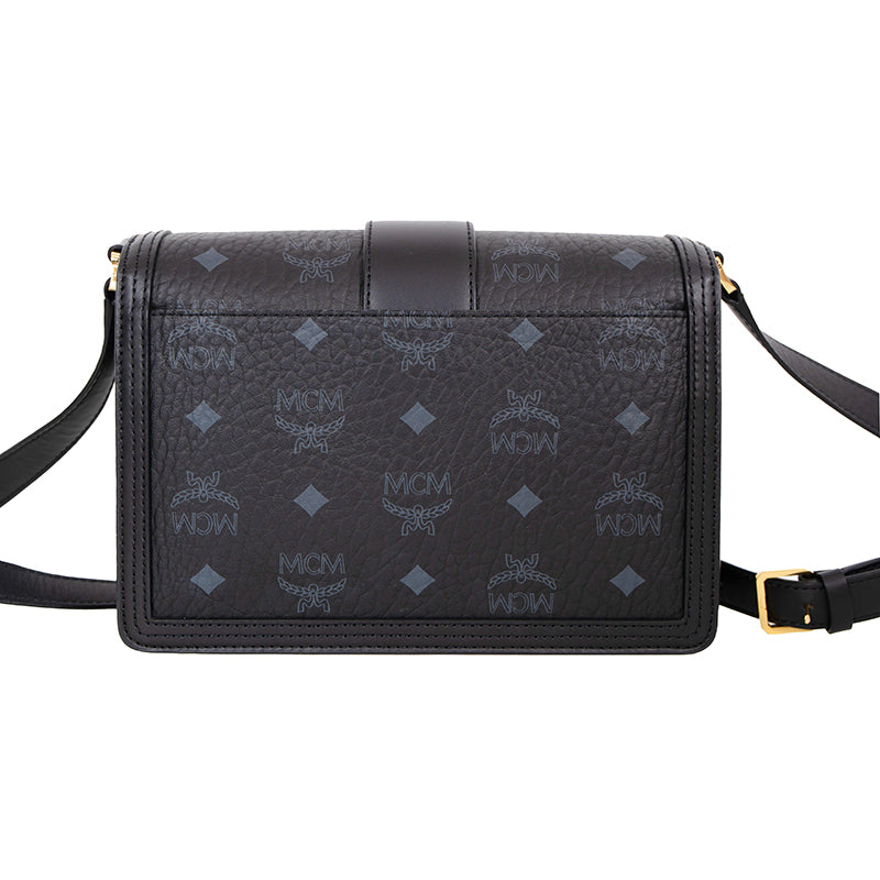 NEW $980 MCM Tracy Black Leather & Visetos Gray LOGO CROSSBODY Laurel Lock BAG