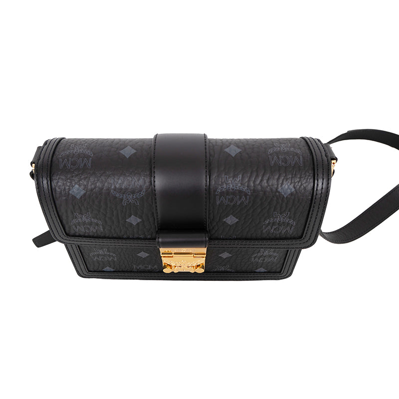 NEW $980 MCM Tracy Black Leather & Visetos Gray LOGO CROSSBODY Laurel Lock BAG