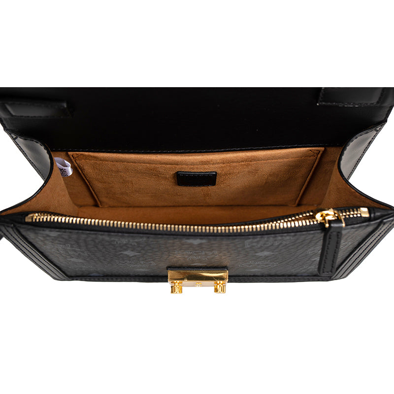 NEW $980 MCM Tracy Black Leather & Visetos Gray LOGO CROSSBODY Laurel Lock BAG