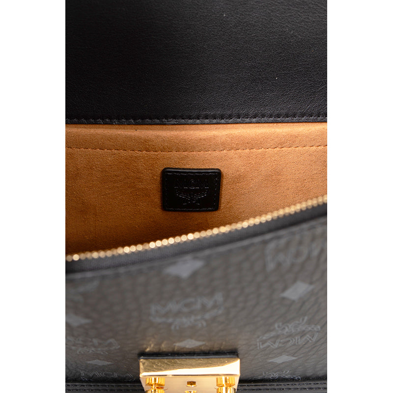 NEW $980 MCM Tracy Black Leather & Visetos Gray LOGO CROSSBODY Laurel Lock BAG