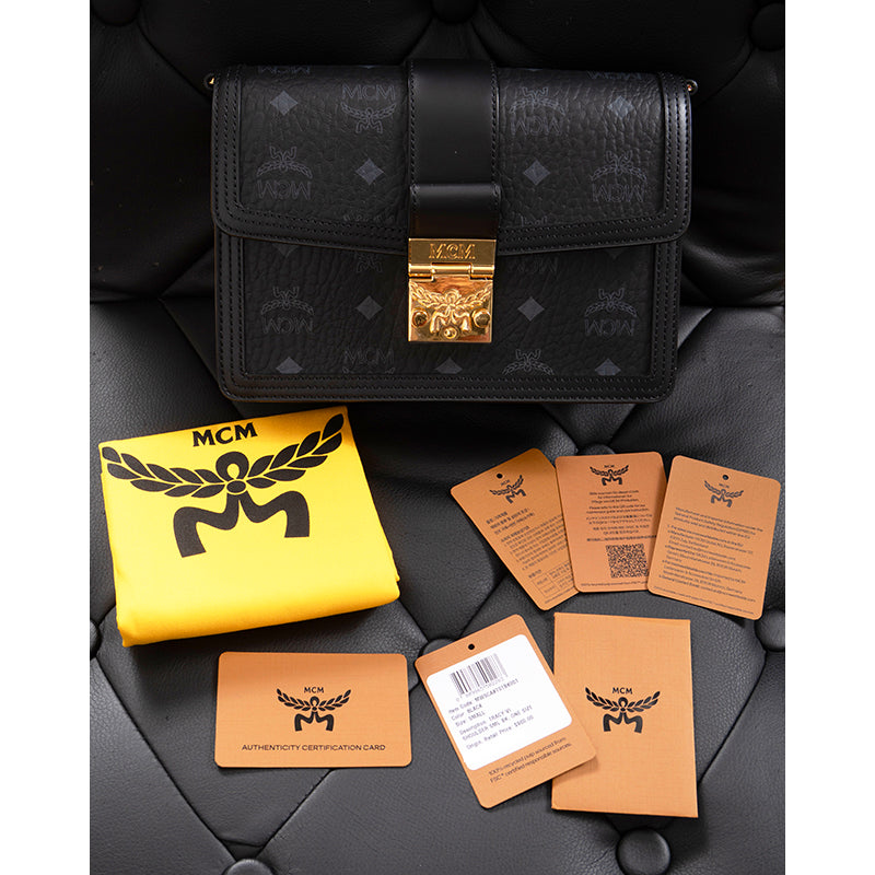 NEW $980 MCM Tracy Black Leather & Visetos Gray LOGO CROSSBODY Laurel Lock BAG