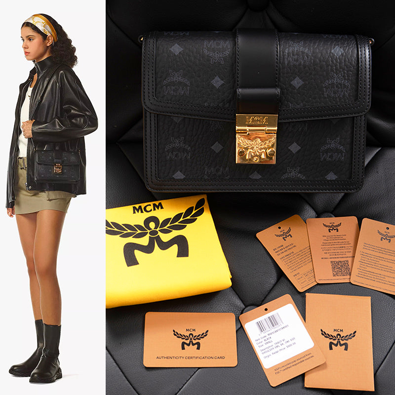 NEW $980 MCM Tracy Black Leather & Visetos Gray LOGO CROSSBODY Laurel Lock BAG