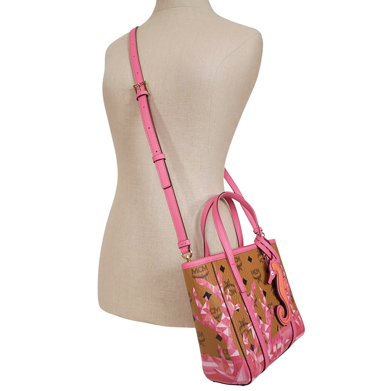 NEW $660 MCM Pink Ocean Coral LOGO Mountain Collection Crossbody TONI TOTE BAG