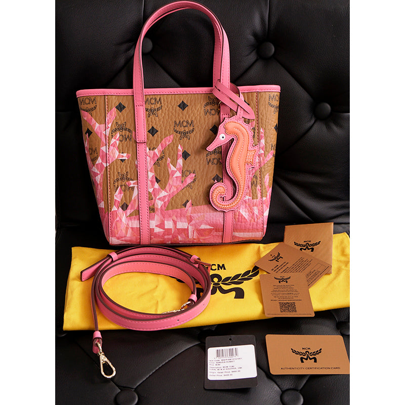 NEW $660 MCM Pink Ocean Coral LOGO Mountain Collection Crossbody TONI TOTE BAG