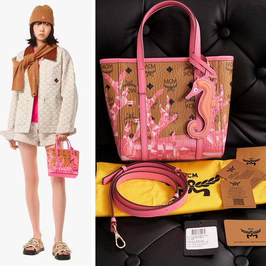 NEW $660 MCM Pink Ocean Coral LOGO Mountain Collection Crossbody TONI TOTE BAG