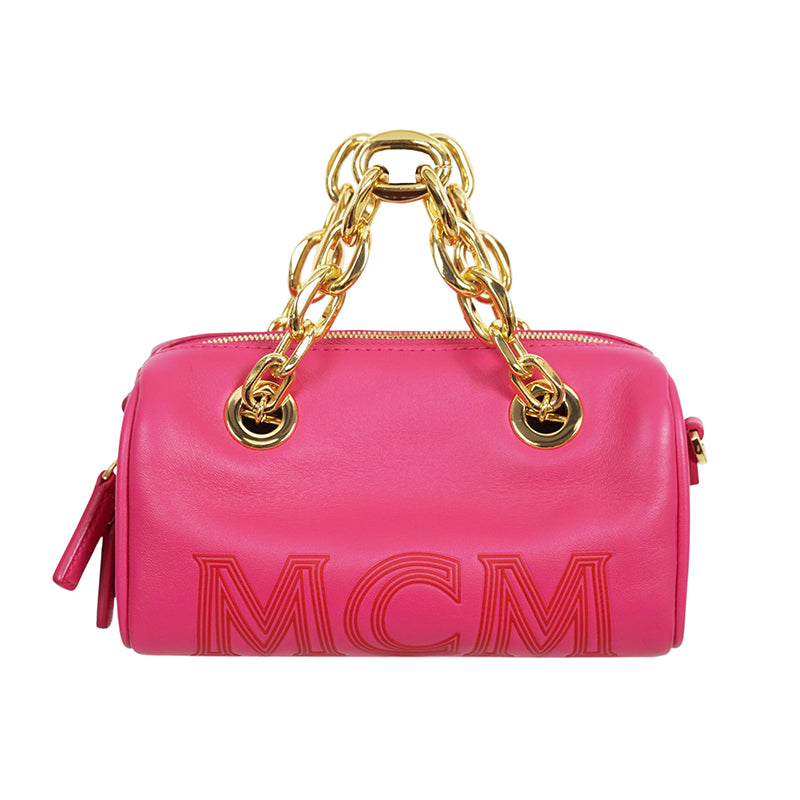 NEW $995 MCM Pink Fuchsia Aren Leather LOGO Mini Boston Satchel CHUNKY CHAIN BAG