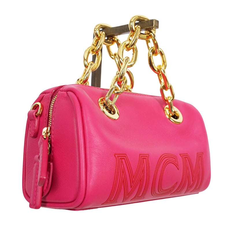 NEW $995 MCM Pink Fuchsia Aren Leather LOGO Mini Boston Satchel CHUNKY CHAIN BAG