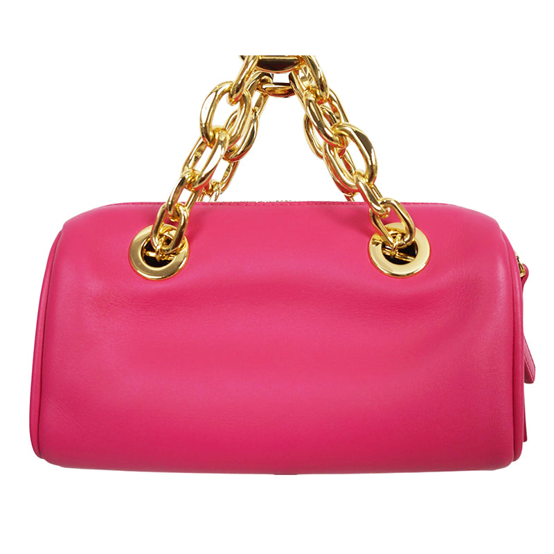 NEW $995 MCM Pink Fuchsia Aren Leather LOGO Mini Boston Satchel CHUNKY CHAIN BAG