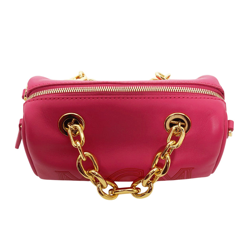 NEW $995 MCM Pink Fuchsia Aren Leather LOGO Mini Boston Satchel CHUNKY CHAIN BAG