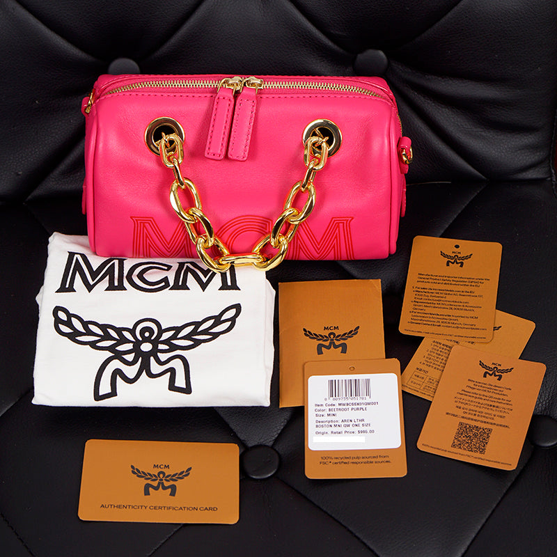 NEW $995 MCM Pink Fuchsia Aren Leather LOGO Mini Boston Satchel CHUNKY CHAIN BAG