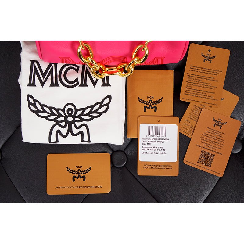 NEW $995 MCM Pink Fuchsia Aren Leather LOGO Mini Boston Satchel CHUNKY CHAIN BAG