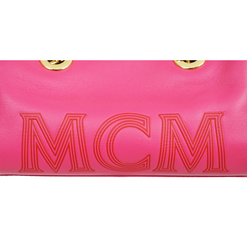 NEW $995 MCM Pink Fuchsia Aren Leather LOGO Mini Boston Satchel CHUNKY CHAIN BAG