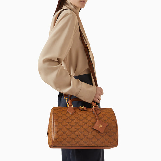 NEW $830 MCM Cognac LAURETOS LOGO Monogram Canvas Medium Ella BOSTON BAG & STRAP