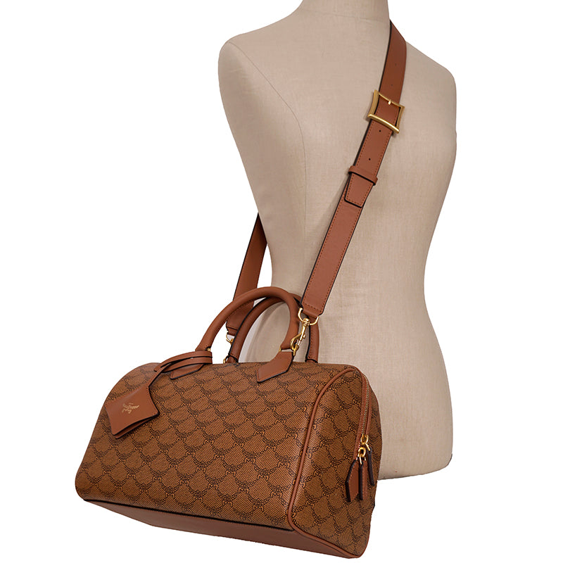 NEW $830 MCM Cognac LAURETOS LOGO Monogram Canvas Medium Ella BOSTON BAG & STRAP