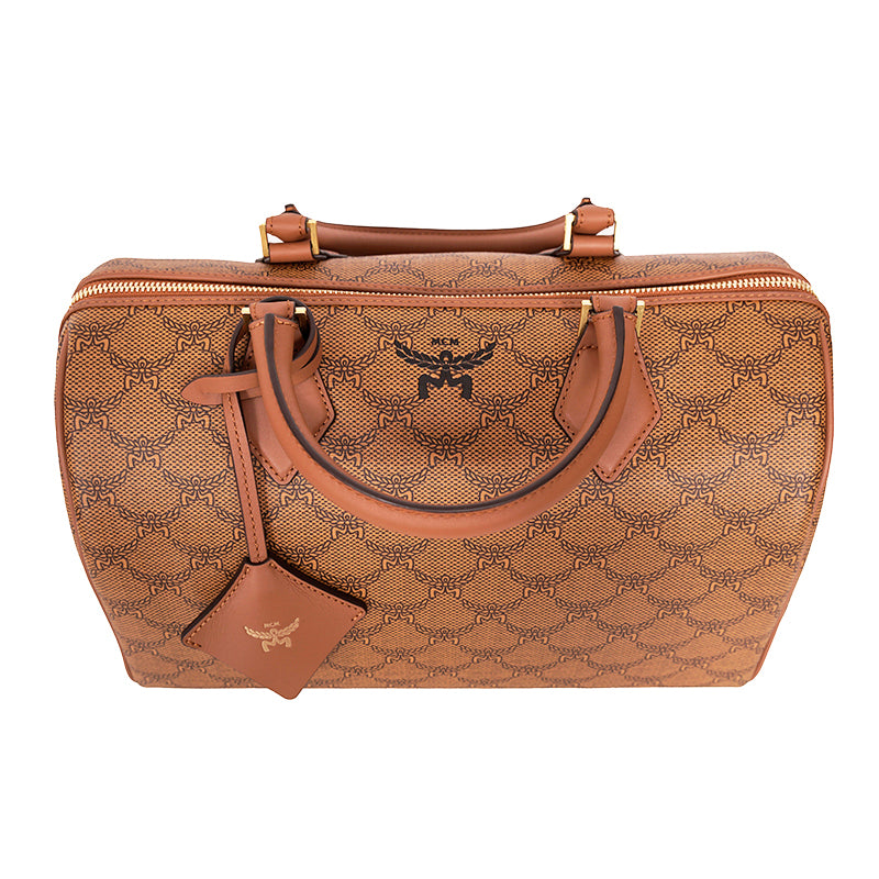 NEW $830 MCM Cognac LAURETOS LOGO Monogram Canvas Medium Ella BOSTON BAG & STRAP