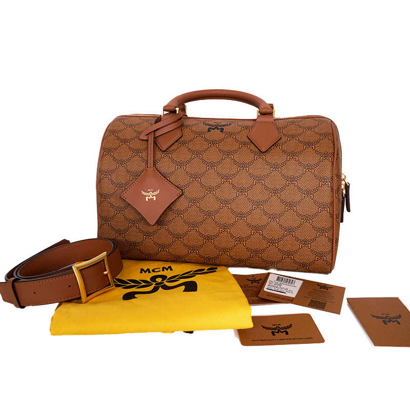 NEW $830 MCM Cognac LAURETOS LOGO Monogram Canvas Medium Ella BOSTON BAG & STRAP