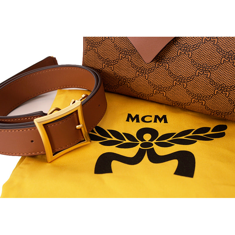 NEW $830 MCM Cognac LAURETOS LOGO Monogram Canvas Medium Ella BOSTON BAG & STRAP